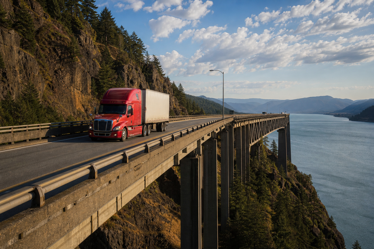 Semi-truck on a Columbia River Gorge bridge in Oregon — I-84 trucking permits and weight-mile tax